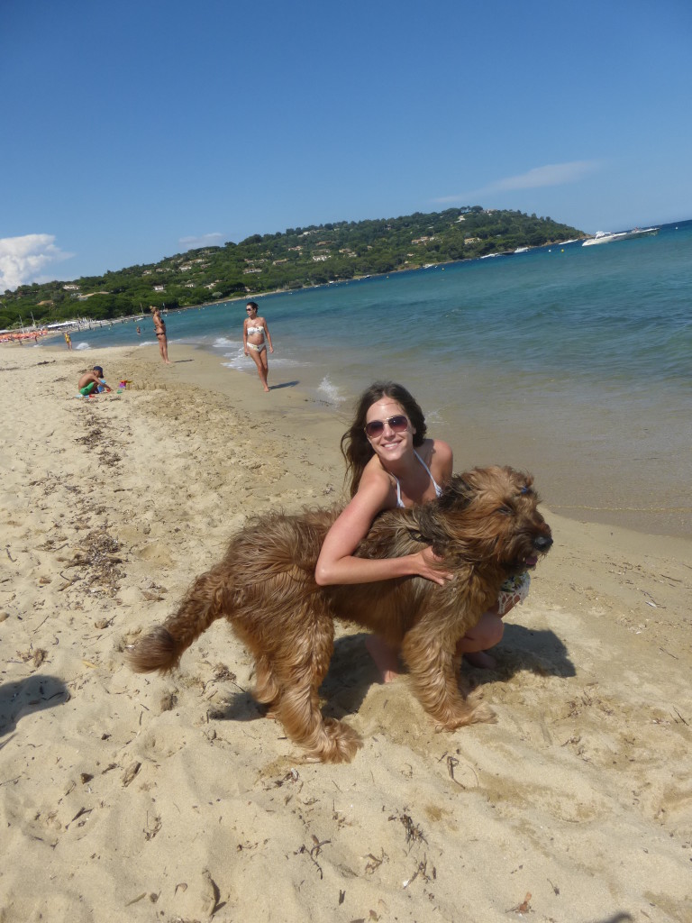 Megan & French Sheepdog on St. Tropez beach. 